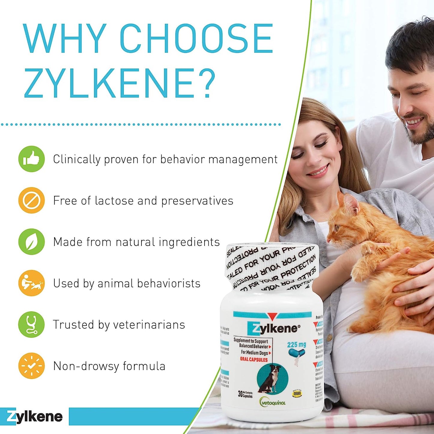 Vetoquinol Zylkene Behavior Support Capsules for Dogs & Cats, 225mg, 30ct – Calming Natural Milk Protein Supplement – Help Pets Cope with Change & Noise-Related Stress – Non-Drowsy – Lactose-Free