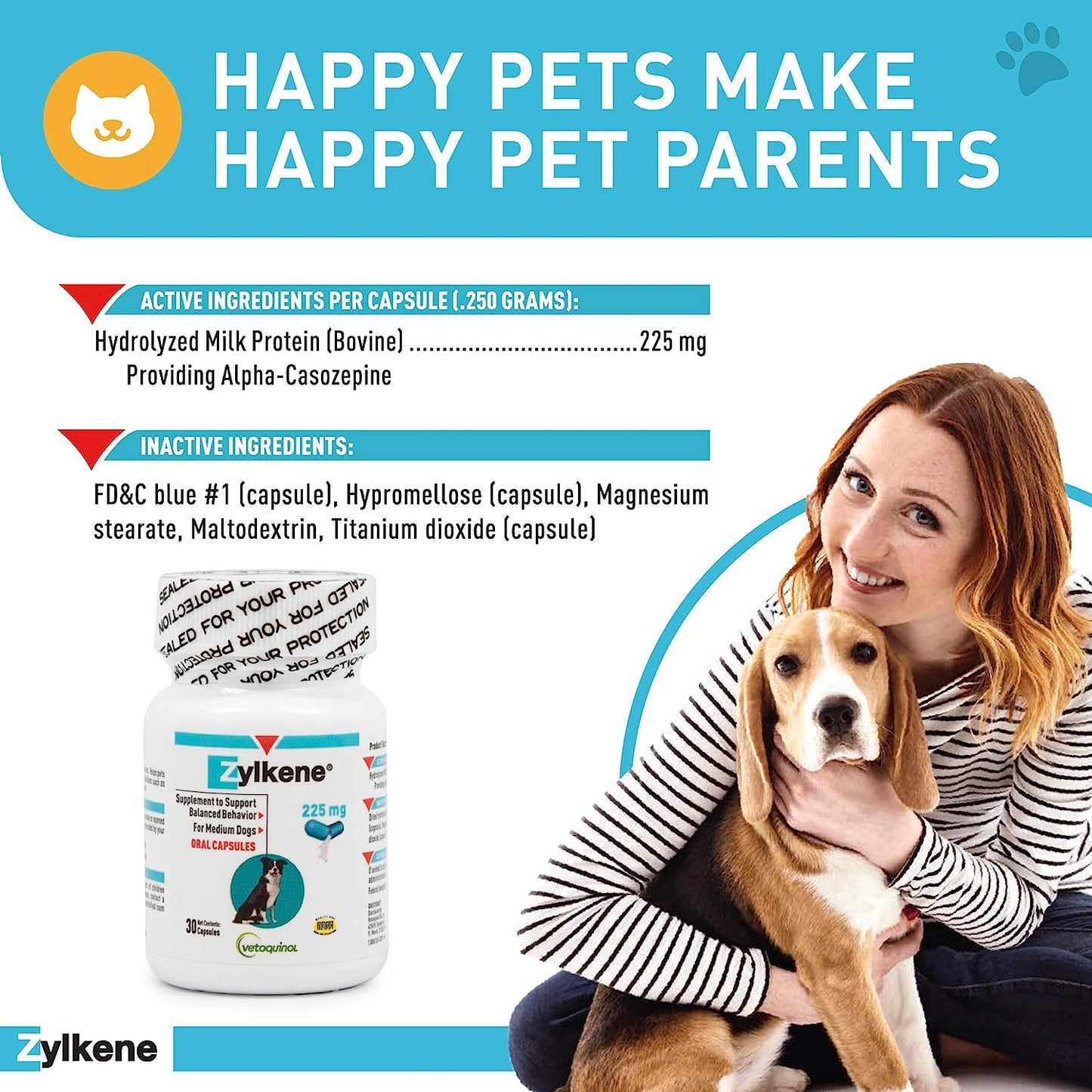 Vetoquinol Zylkene Behavior Support Capsules for Dogs & Cats, 225mg, 30ct – Calming Natural Milk Protein Supplement – Help Pets Cope with Change & Noise-Related Stress – Non-Drowsy – Lactose-Free