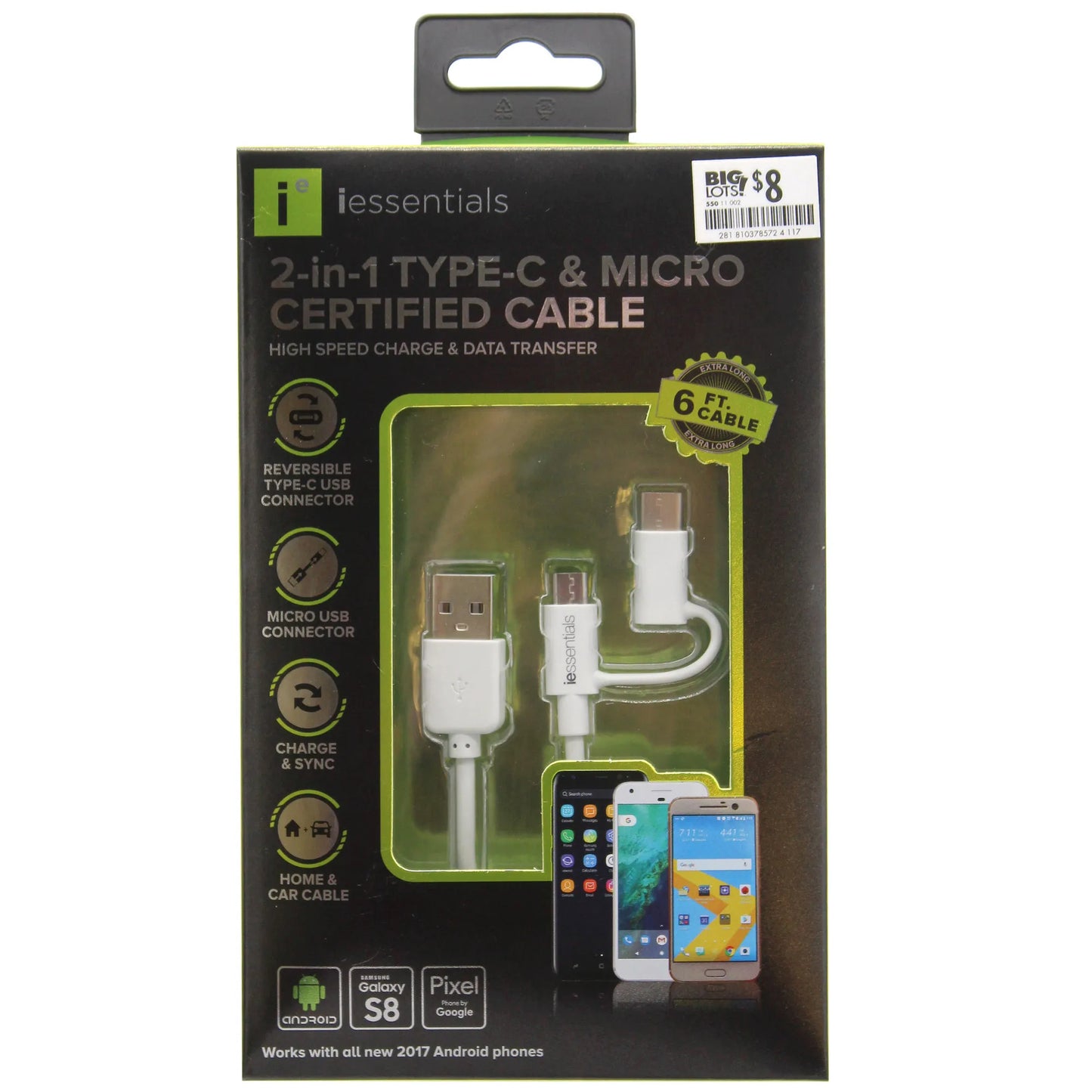 iEssentials 6 Foot 2-in-1 USB Type C & Micro USB Charge & Sync Cable