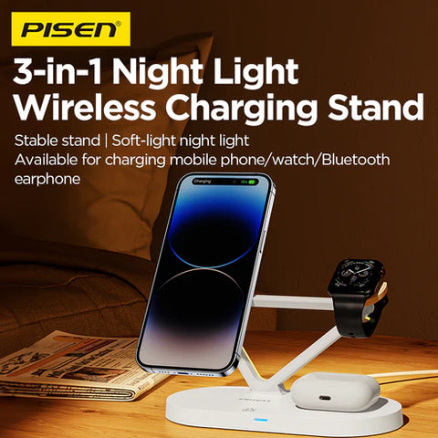 PISEN 3-in-1 Wireless Charging Stand with Night Light TP-C24