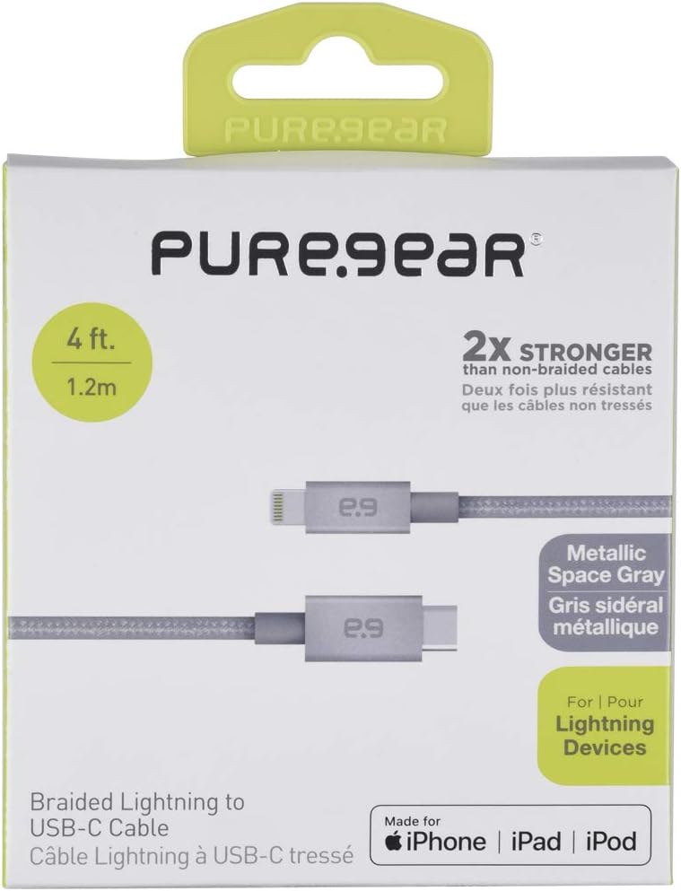 PureGear USB C to Lightning Cable, Braided Apple MFi Certified Charging Data Sync Cable Support Power Delivery and Type C Chargers for iPhone 14,14ProMax,13,13Pro,12,SE,iPad, Metallic Space Gray(4 FT)