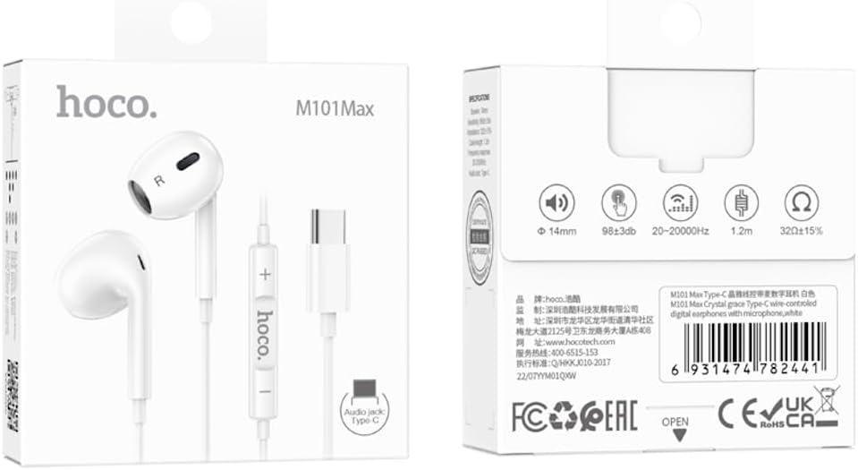 Hoco M101 Max - Crystal Grace Wire-Controled Digital Earphones With Microphone, Plug: Type-C, Cable Length: 1.2m, Compatible With Huawei Xiaomi OnePlus iPad Pro/iPad Air With Type-C Interface - White