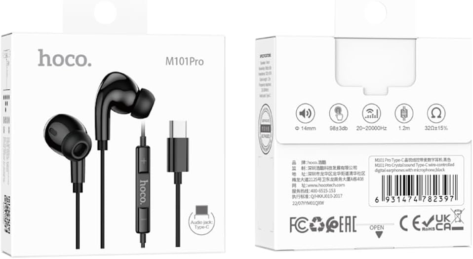 Hoco M101 Pro - Crystal Sound Wire-Controlled Digital Earphones With Microphone, Plug: Type-C, Cable Length: 1.2m, Compatible With Huawei Xiaomi OnePlus iPad Pro/iPad Air With Type-C - Black, Wired