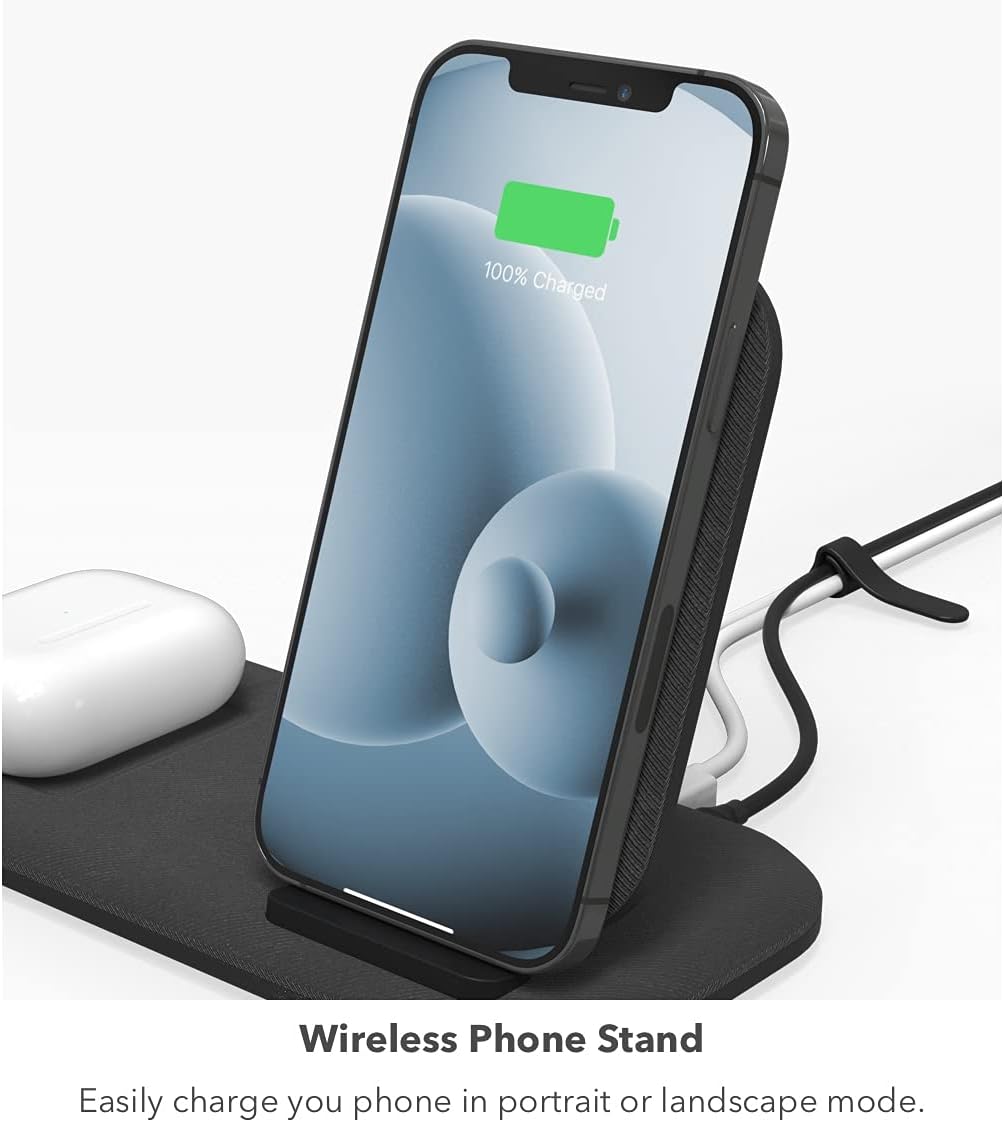 mophie Wireless Charging Stand+ Wireless Charging Stand and pad with USB-A Port. for AirPods, Apple Watch, iPhone, Samsung Galaxy, Qi-Enabled Devices