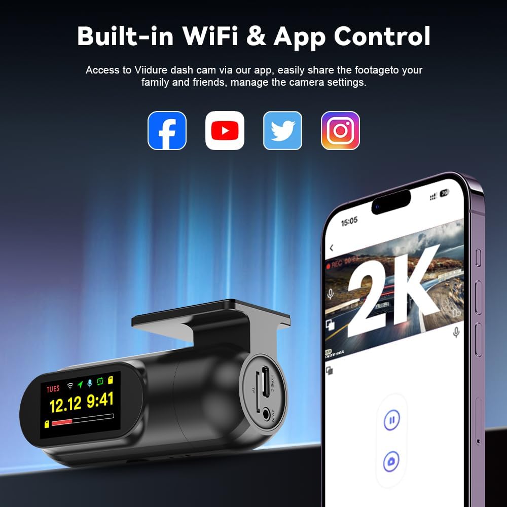 Dash Cam Front with 32G SD Card, CHORTAU 2K FHD Car Driving Recorder 1.47'' IPS Screen 170°Wide Angle Camera for Cars with APP, Night Vision,24H Parking Mode, Loop Recording, Motion Detection
