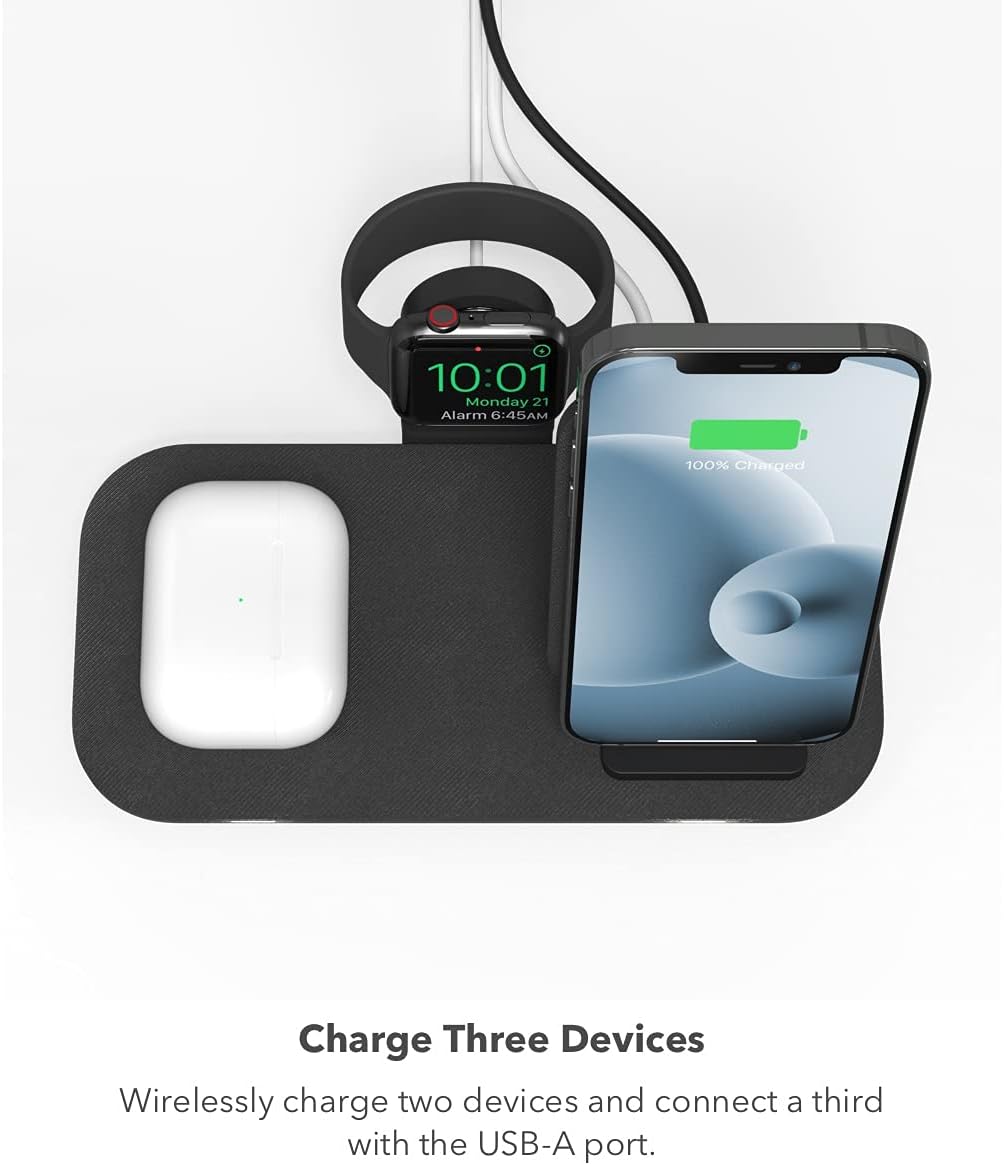 mophie Wireless Charging Stand+ Wireless Charging Stand and pad with USB-A Port. for AirPods, Apple Watch, iPhone, Samsung Galaxy, Qi-Enabled Devices
