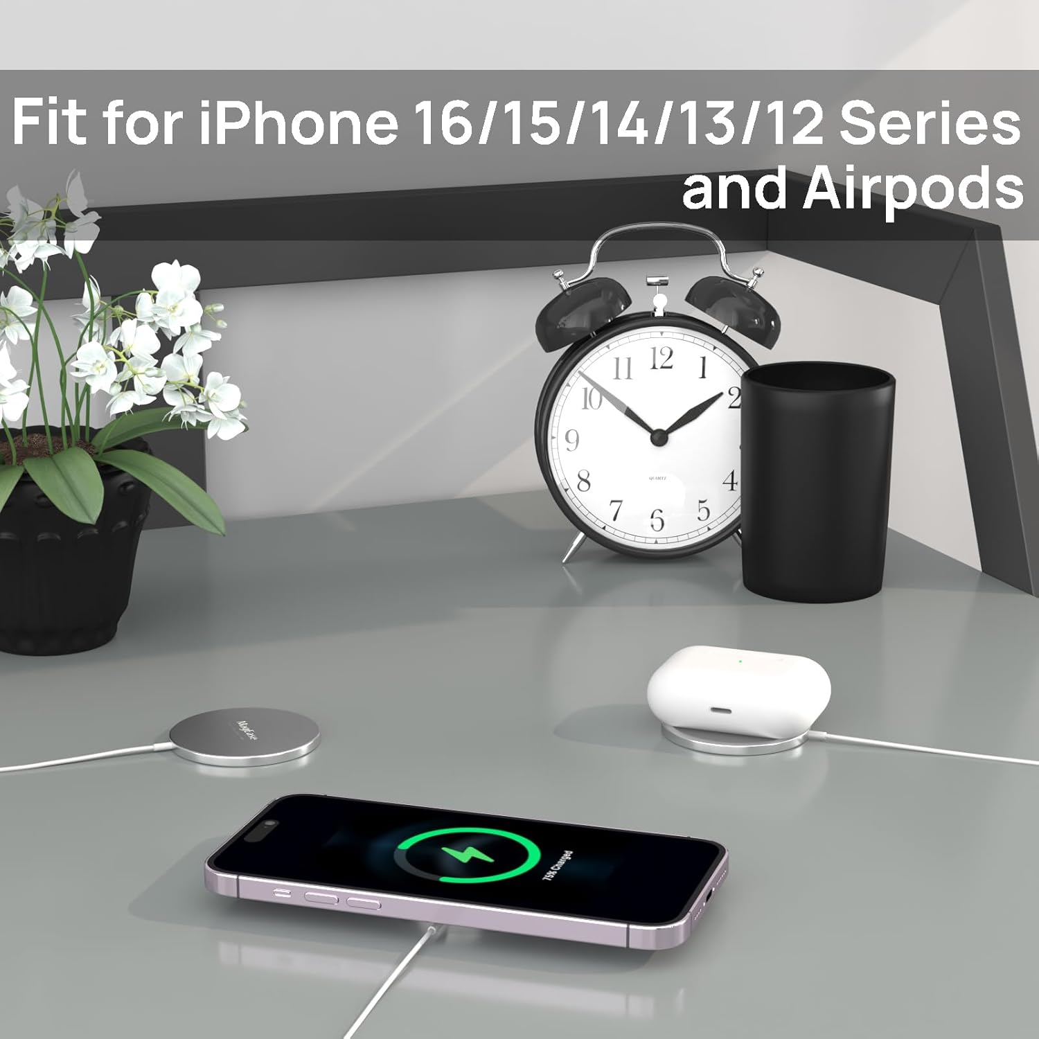 Magnetic Wireless Charger,MagEase 15W Wireless Charger Magnetic Compatible with iPhone 16 15 14 13 12 Series and AirPods 3/2/Pro, Charging Pad with USB-C Cable and USB-A Converter (White)