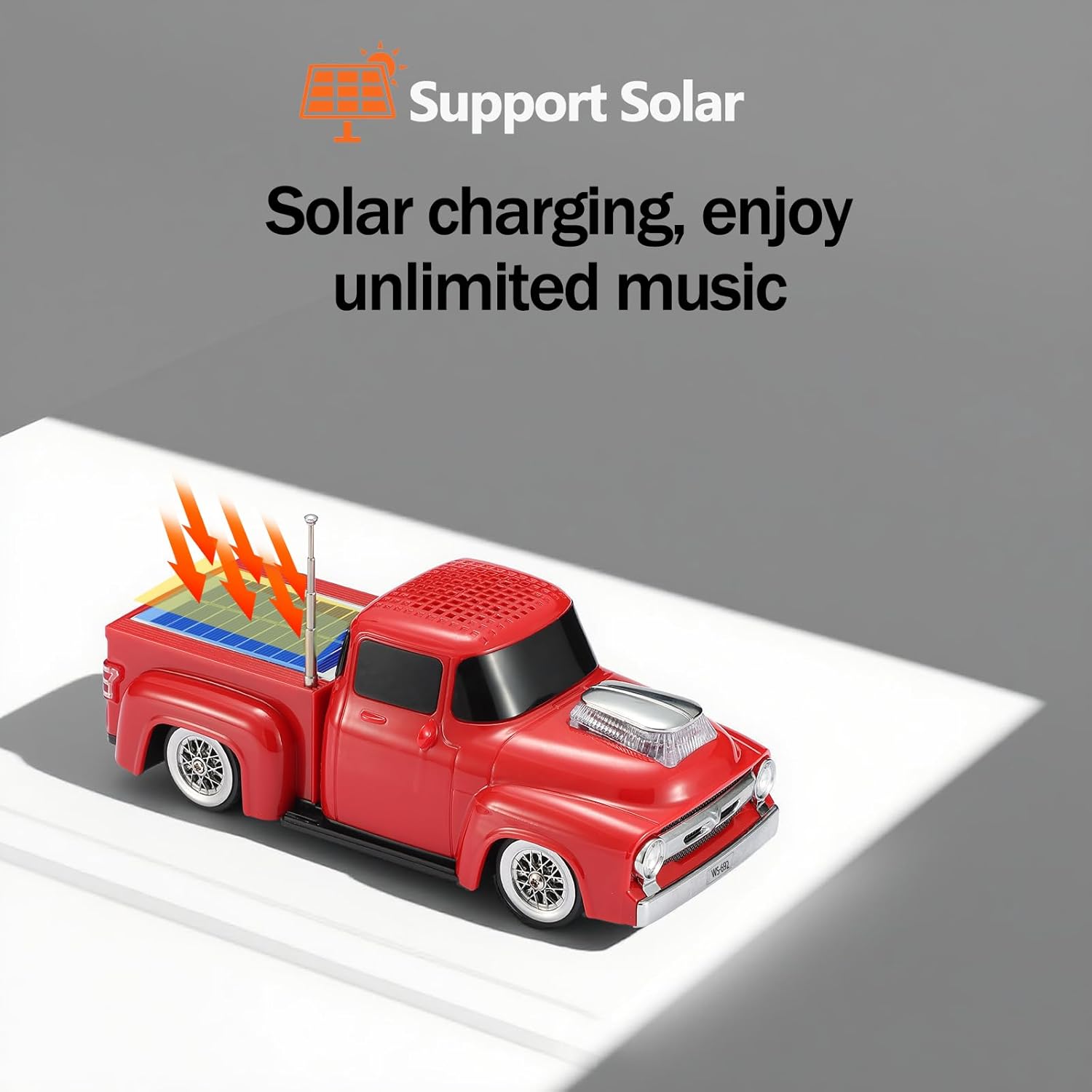 WS-692 Retro Pickup Bluetooth Solar Charging Replica Speaker – Portable HD Sound, Truck Design, LED Party Lights, TWS, FM Radio, Surprise Gift Idea(Red)