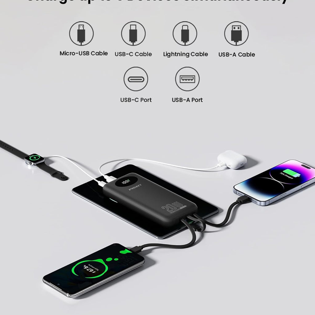 PISEN 3C Certified Power Bank - 10000mAh 20W Fast Charging Battery Pack with Built-in 4 Cable Smart LED Display Flight-Approved Portable Charger Travel Power Bank for iPhone, Samsung, iPad, Tablets