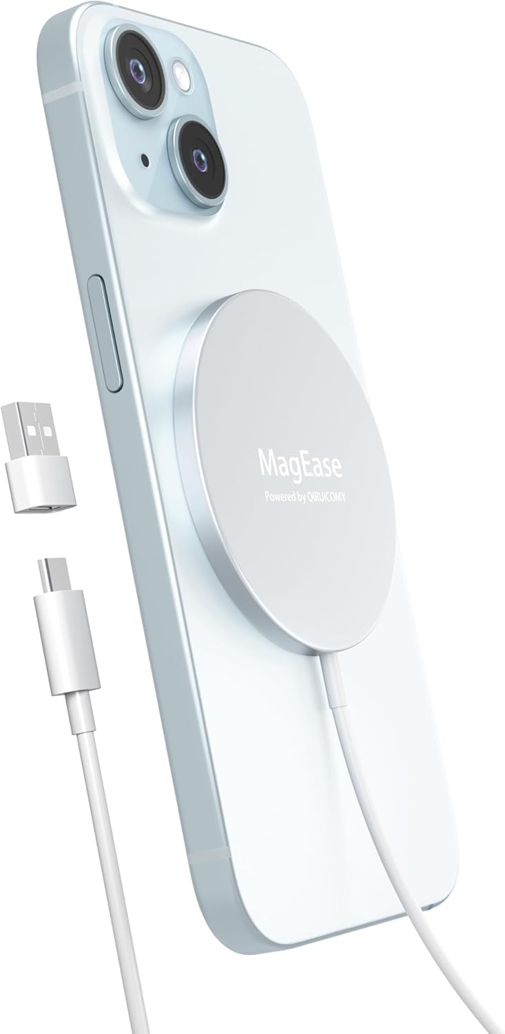 Magnetic Wireless Charger,MagEase 15W Wireless Charger Magnetic Compatible with iPhone 16 15 14 13 12 Series and AirPods 3/2/Pro, Charging Pad with USB-C Cable and USB-A Converter (White)
