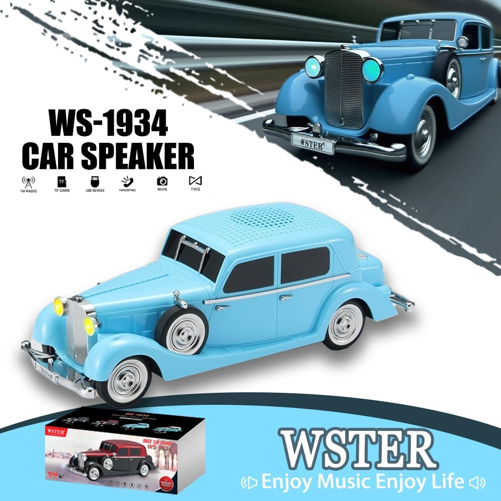 WSTER WS-1934 Retro Classic Car Bluetooth Replica Speaker – Wireless HD Sound with FM Radio,TWS Stereo,LED Party Lights,Built-in Microphone Hands-Free Call, Surprise Portable Gift for Party Use(Blue)