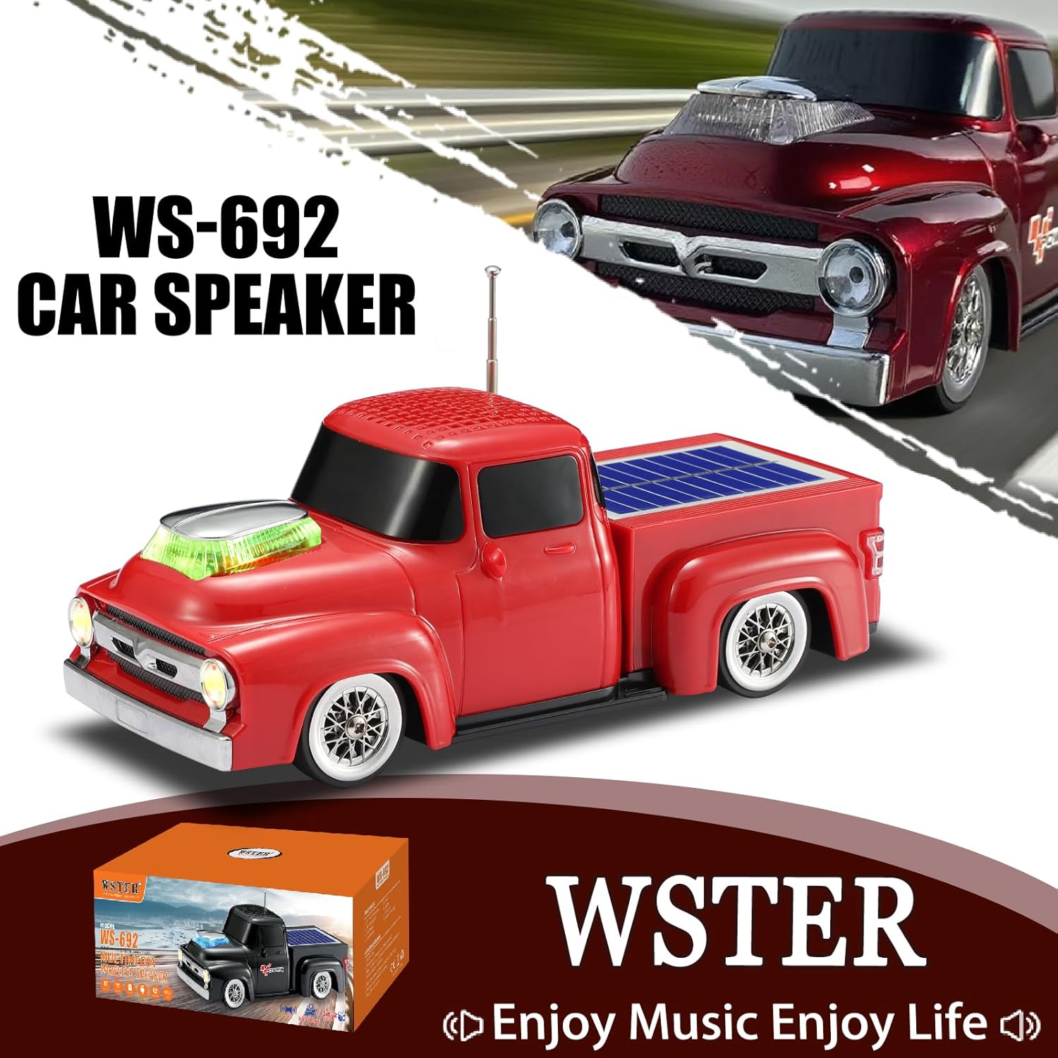 WS-692 Retro Pickup Bluetooth Solar Charging Replica Speaker – Portable HD Sound, Truck Design, LED Party Lights, TWS, FM Radio, Surprise Gift Idea(Red)