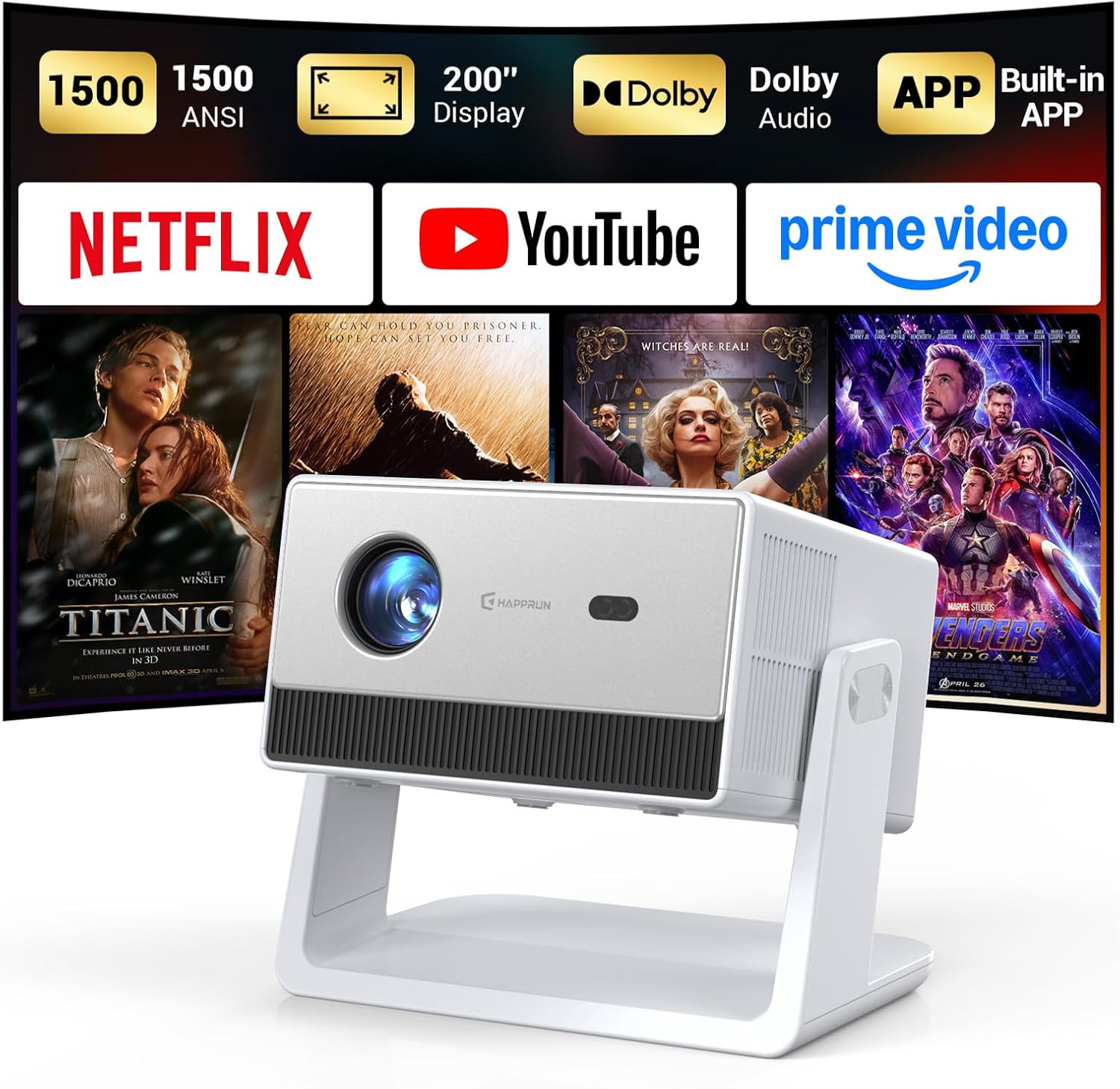 Mini Smart Projector, Portable Projector with WiFi and Bluetooth, HAPPRUN 4K Full HD Home Theater with 270° Stand, Dolby Sound, Built-in Apps,Compatible with Phone & PC, Indoor & Outdoor Use