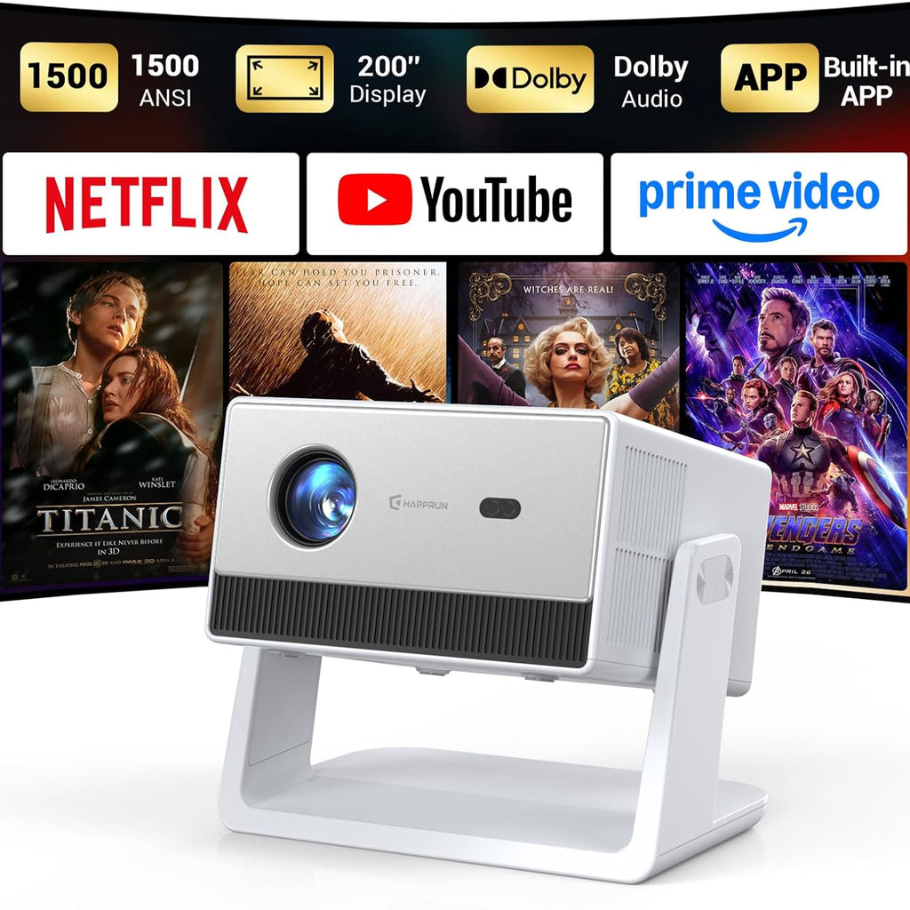 Mini Smart Projector, Portable Projector with WiFi and Bluetooth, HAPPRUN 4K Full HD Home Theater with 270° Stand, Dolby Sound, Built-in Apps,Compatible with Phone & PC, Indoor & Outdoor Use