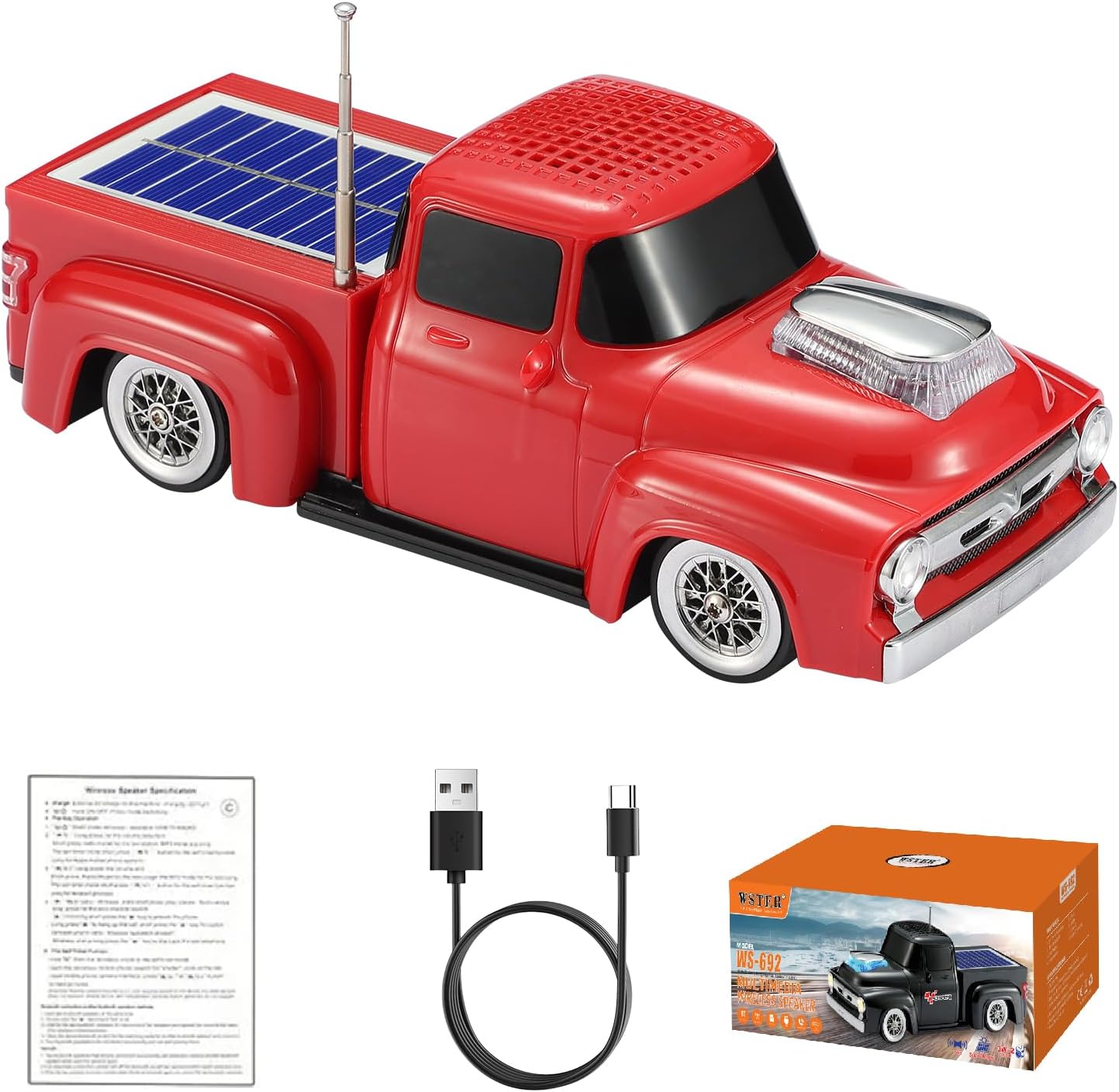 WS-692 Retro Pickup Bluetooth Solar Charging Replica Speaker – Portable HD Sound, Truck Design, LED Party Lights, TWS, FM Radio, Surprise Gift Idea(Red)