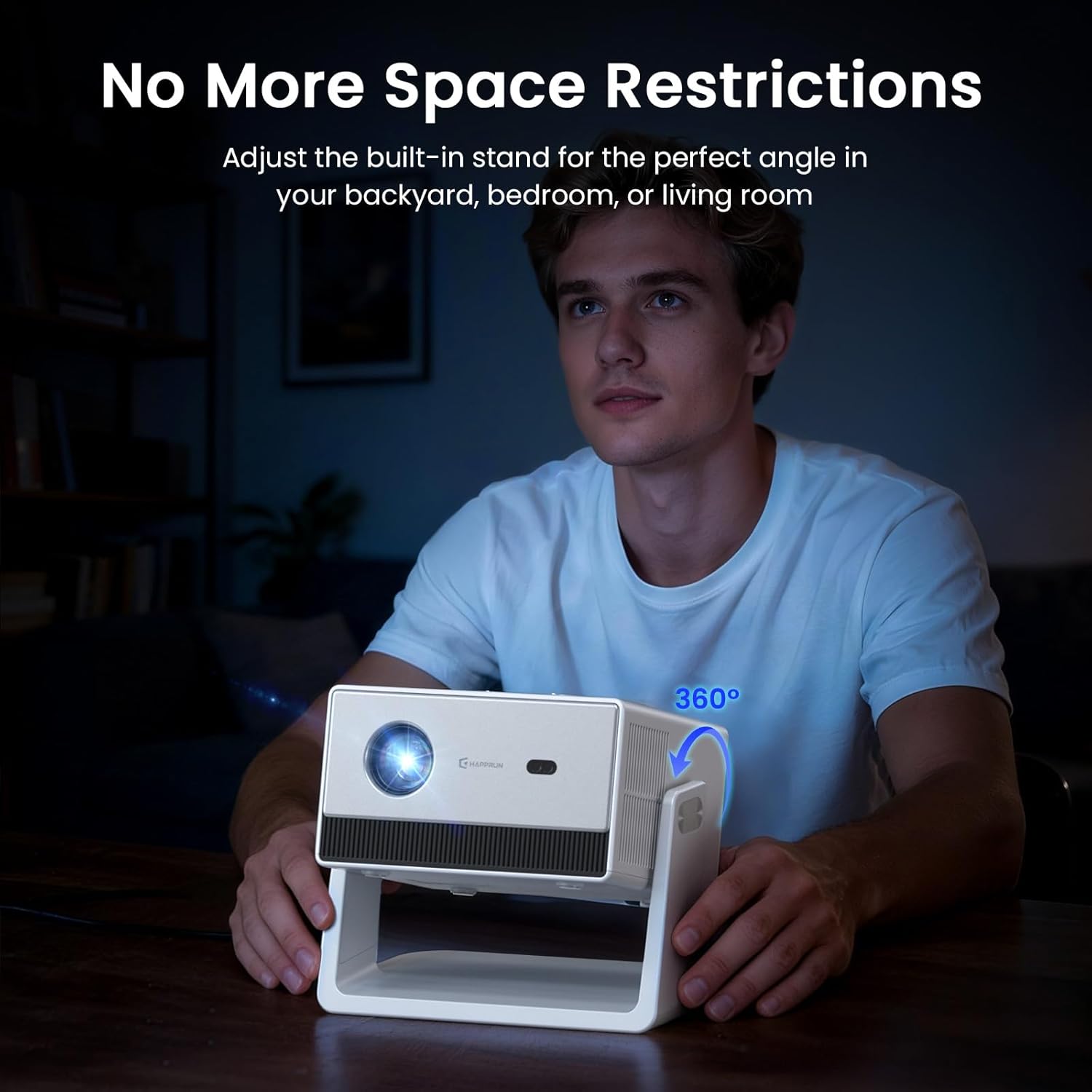 Mini Smart Projector, Portable Projector with WiFi and Bluetooth, HAPPRUN 4K Full HD Home Theater with 270° Stand, Dolby Sound, Built-in Apps,Compatible with Phone & PC, Indoor & Outdoor Use