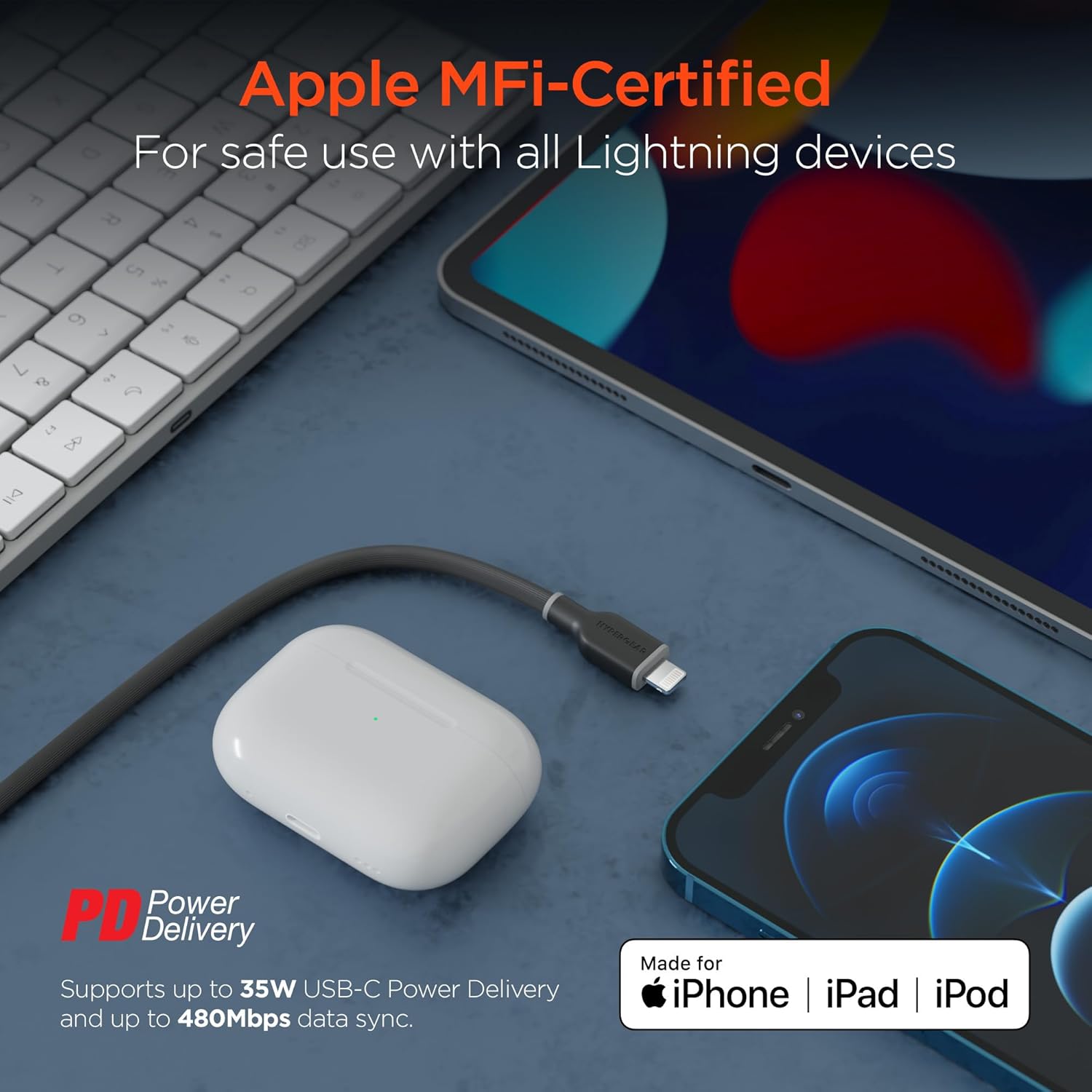 HyperGear iPhone USB-C to Lightning Charging Cable 10ft - MFi Certified 35W PD Fast Charger Cord for iPhones iPads & More [Durable for Daily Use & Travel] (Black)