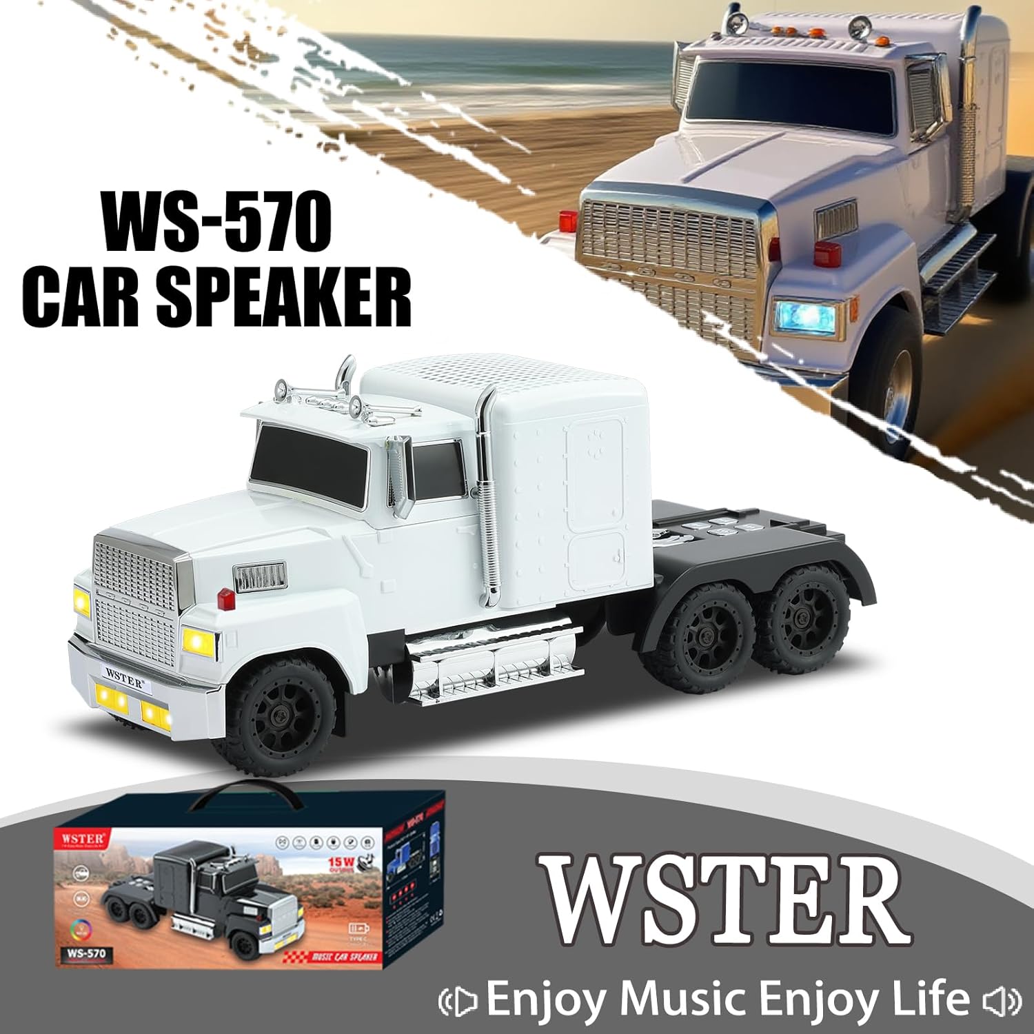 WS-570 Retro American Truck Model Bluetooth Replica Speaker – Portable HD Sound, TWS Stereo,FM Radio,LED Party Lights,Built-in Microphone Hands-Free,Surprise Portable Gift for Car Enthusiasts(White)