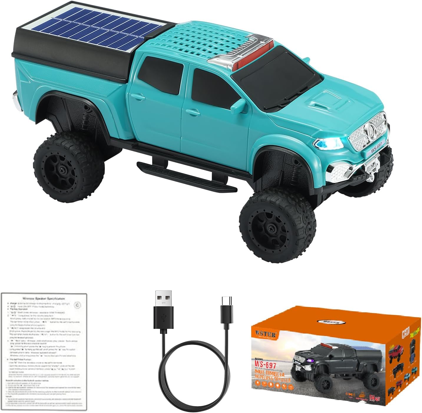WSTER WS-697 Pickup Truck Bluetooth Replica Speaker – Solar Wireless Car Speaker with LED Lights, TWS Stereo, FM Radio, USB/TF Playback, Hands-Free Call, Type-C Charging, Microphone (Green)