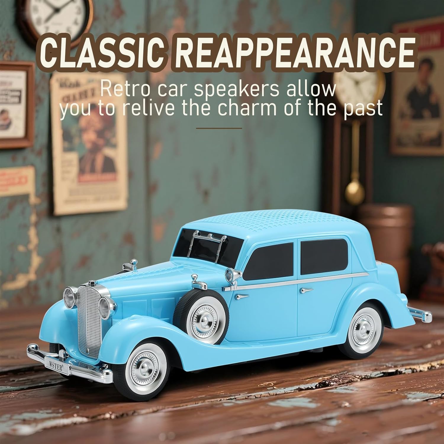 WSTER WS-1934 Retro Classic Car Bluetooth Replica Speaker – Wireless HD Sound with FM Radio,TWS Stereo,LED Party Lights,Built-in Microphone Hands-Free Call, Surprise Portable Gift for Party Use(Blue)