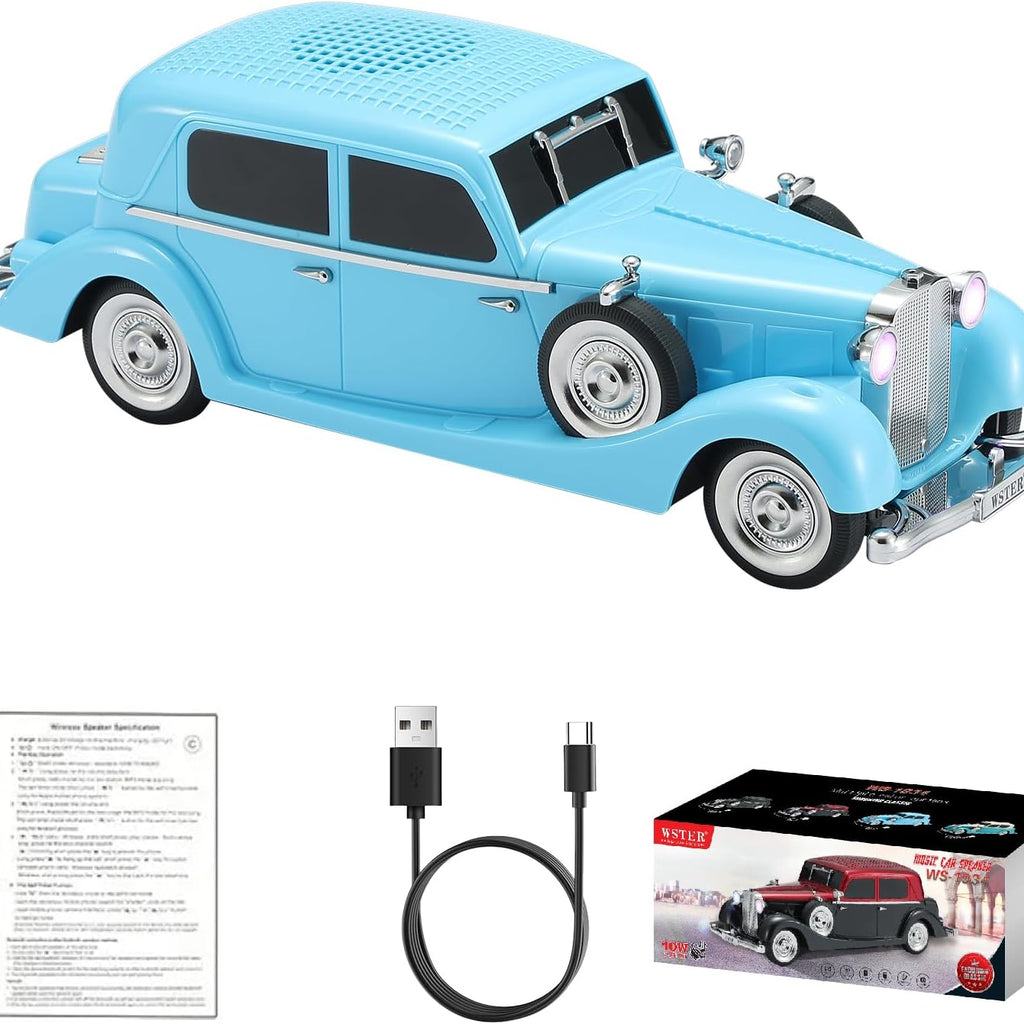 WSTER WS-1934 Retro Classic Car Bluetooth Replica Speaker – Wireless HD Sound with FM Radio,TWS Stereo,LED Party Lights,Built-in Microphone Hands-Free Call, Surprise Portable Gift for Party Use(Blue)