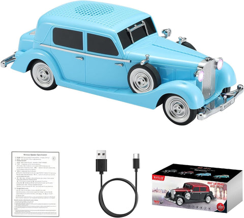 WSTER WS-1934 Retro Classic Car Bluetooth Replica Speaker – Wireless HD Sound with FM Radio,TWS Stereo,LED Party Lights,Built-in Microphone Hands-Free Call, Surprise Portable Gift for Party Use(Blue)