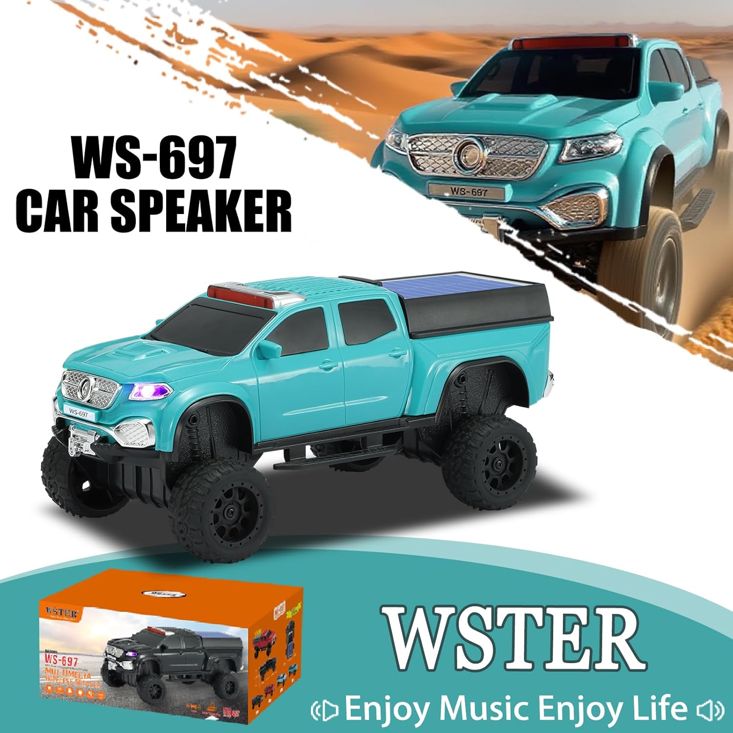 WSTER WS-697 Pickup Truck Bluetooth Replica Speaker – Solar Wireless Car Speaker with LED Lights, TWS Stereo, FM Radio, USB/TF Playback, Hands-Free Call, Type-C Charging, Microphone (Green)
