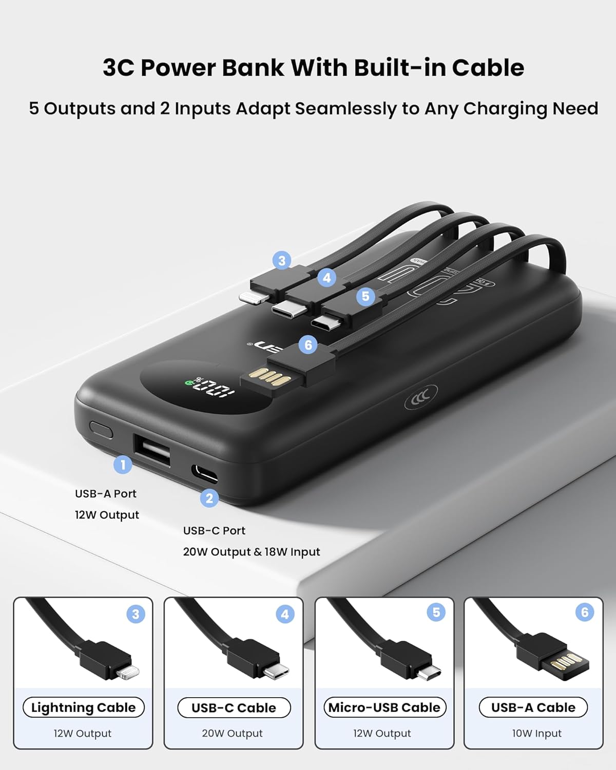 PISEN 3C Certified Power Bank - 10000mAh 20W Fast Charging Battery Pack with Built-in 4 Cable Smart LED Display Flight-Approved Portable Charger Travel Power Bank for iPhone, Samsung, iPad, Tablets