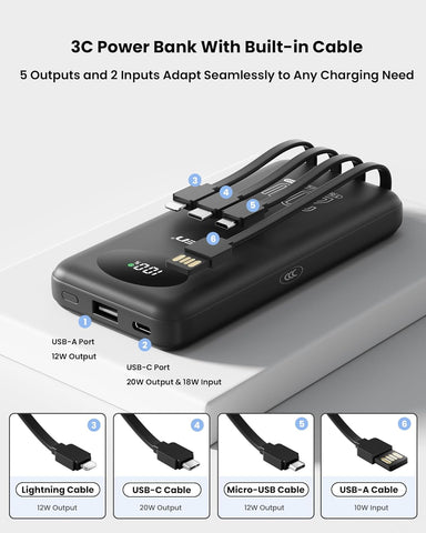 PISEN 3C Certified Power Bank - 10000mAh 20W Fast Charging Battery Pack with Built-in 4 Cable Smart LED Display Flight-Approved Portable Charger Travel Power Bank for iPhone, Samsung, iPad, Tablets