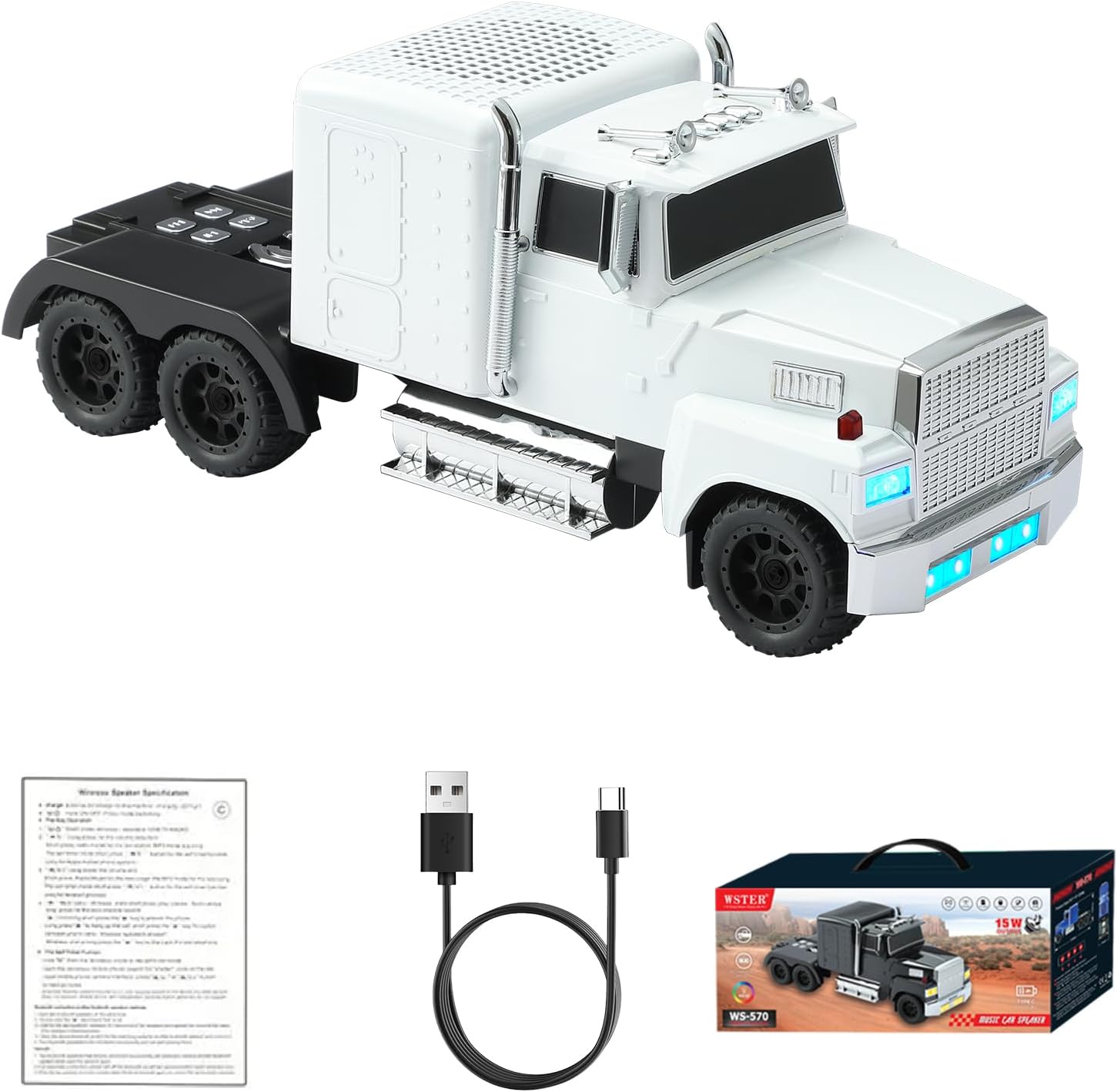 WS-570 Retro American Truck Model Bluetooth Replica Speaker – Portable HD Sound, TWS Stereo,FM Radio,LED Party Lights,Built-in Microphone Hands-Free,Surprise Portable Gift for Car Enthusiasts(White)
