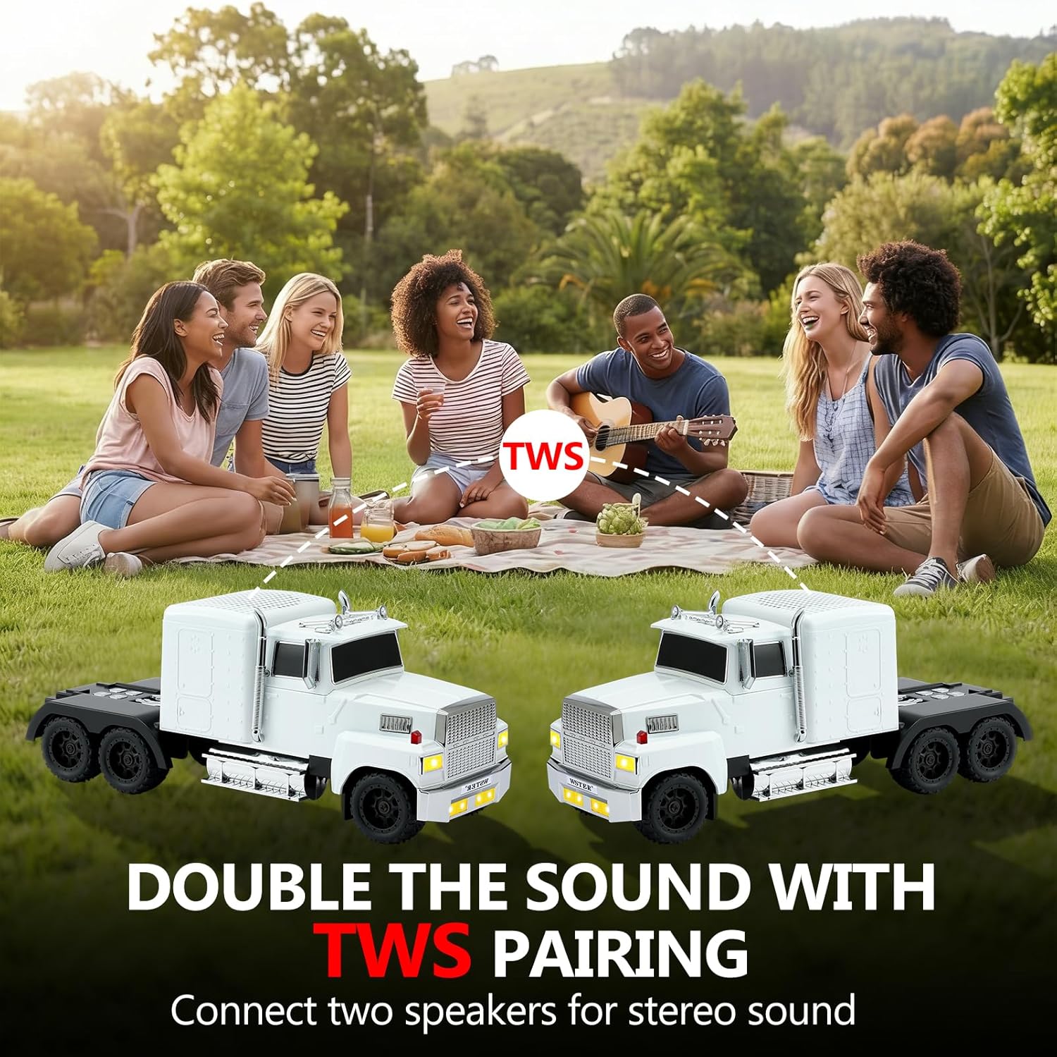 WS-570 Retro American Truck Model Bluetooth Replica Speaker – Portable HD Sound, TWS Stereo,FM Radio,LED Party Lights,Built-in Microphone Hands-Free,Surprise Portable Gift for Car Enthusiasts(White)