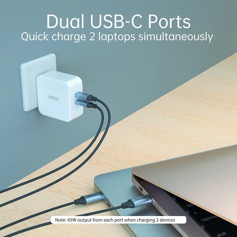 Choetech 100W USB C PD GaN Dual USB Type C Charger For MacBook and Phones with Type C to C Cable – White