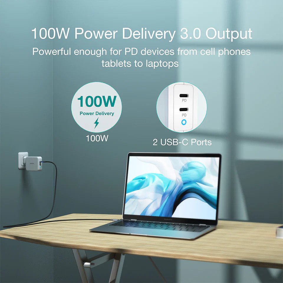 Choetech 100W USB C PD GaN Dual USB Type C Charger For MacBook and Phones with Type C to C Cable – White