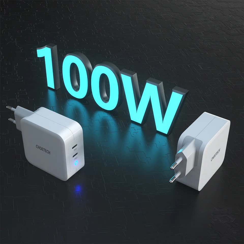 Choetech 100W USB C PD GaN Dual USB Type C Charger For MacBook and Phones with Type C to C Cable – White
